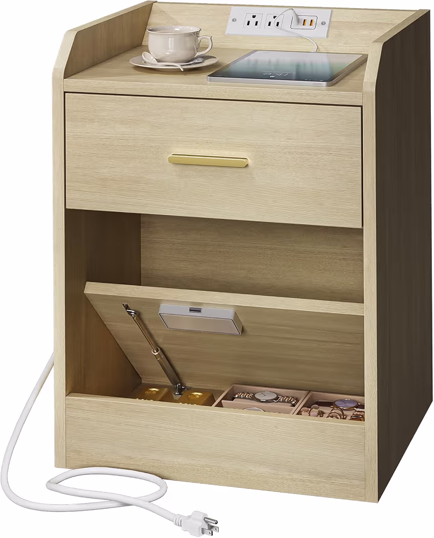 Modern Nightstand with Hidden Drawer & Charging Station